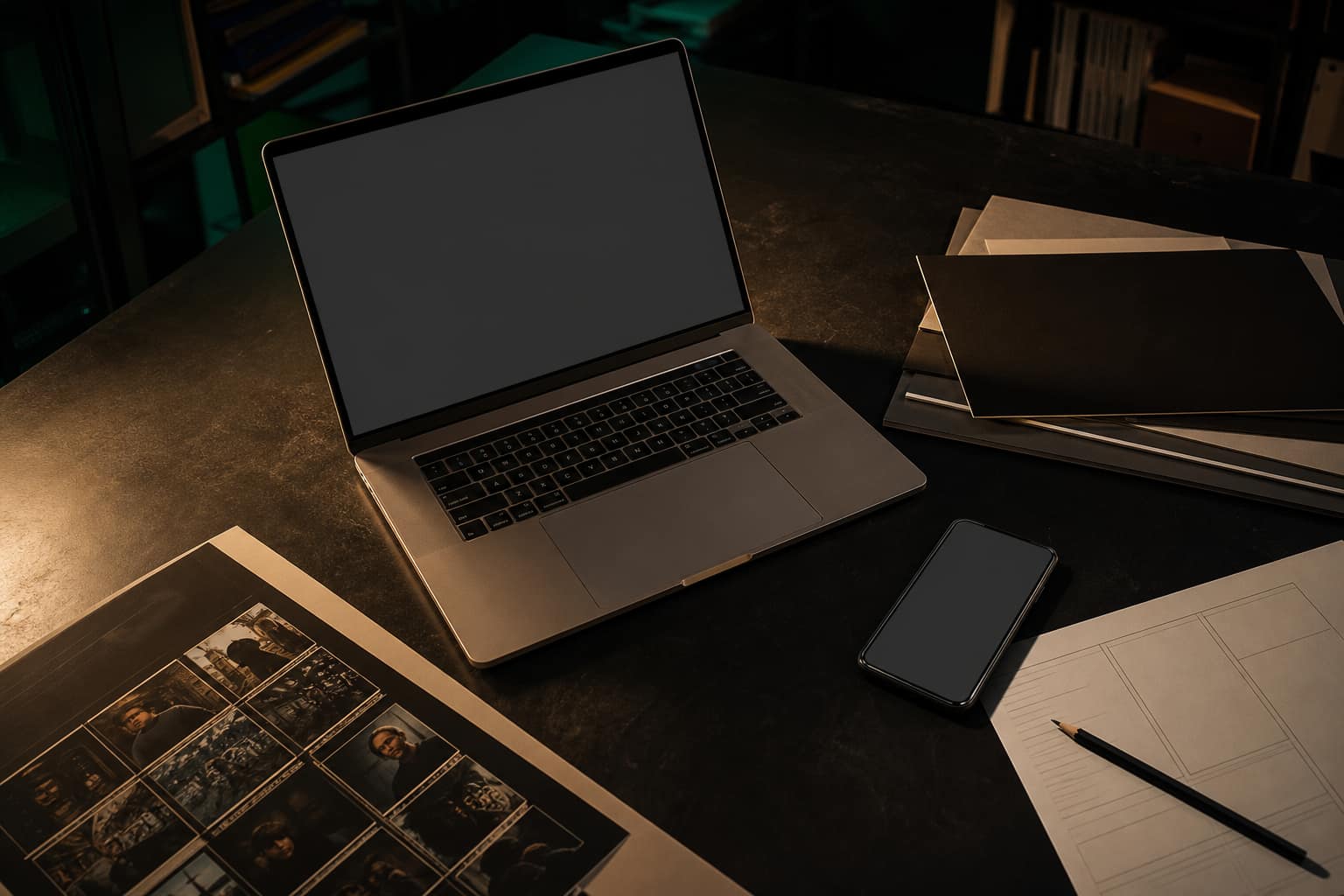 A studio worktable with a laptop, phone, work order, and photo contact sheet