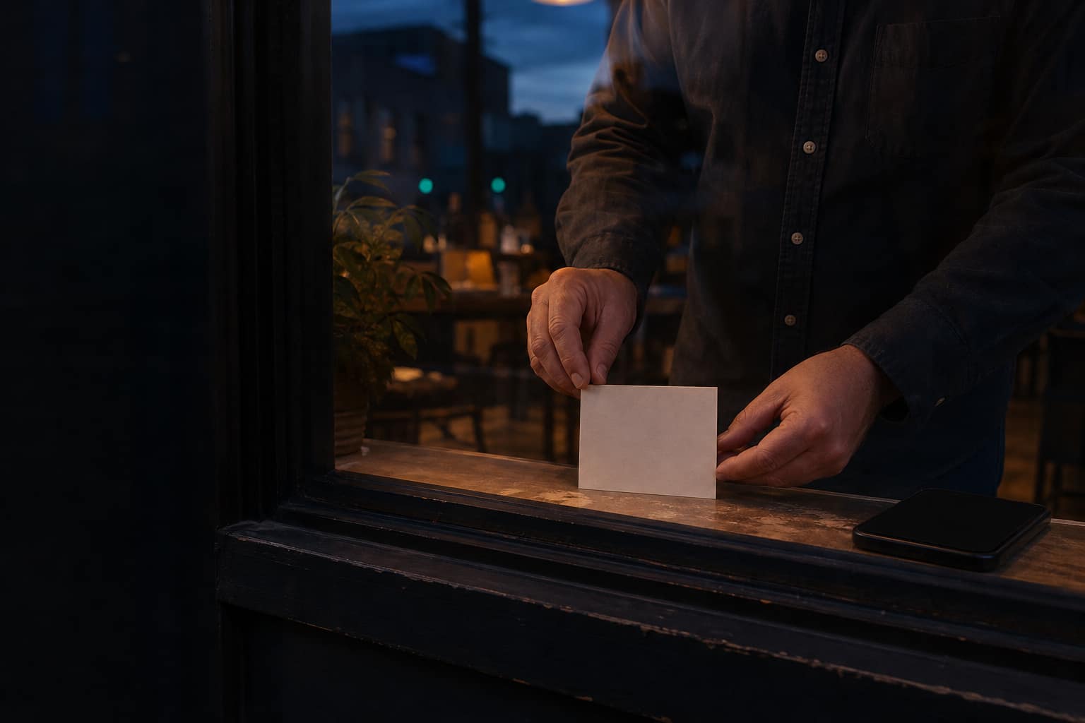 A business owner placing a blank card in a storefront window at dusk