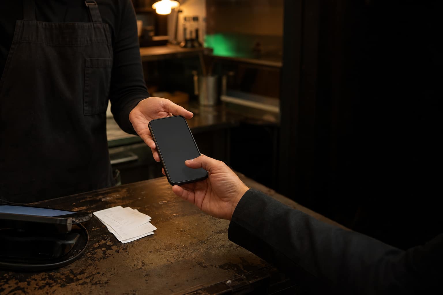 A smartphone with a dark screen handed across a business counter